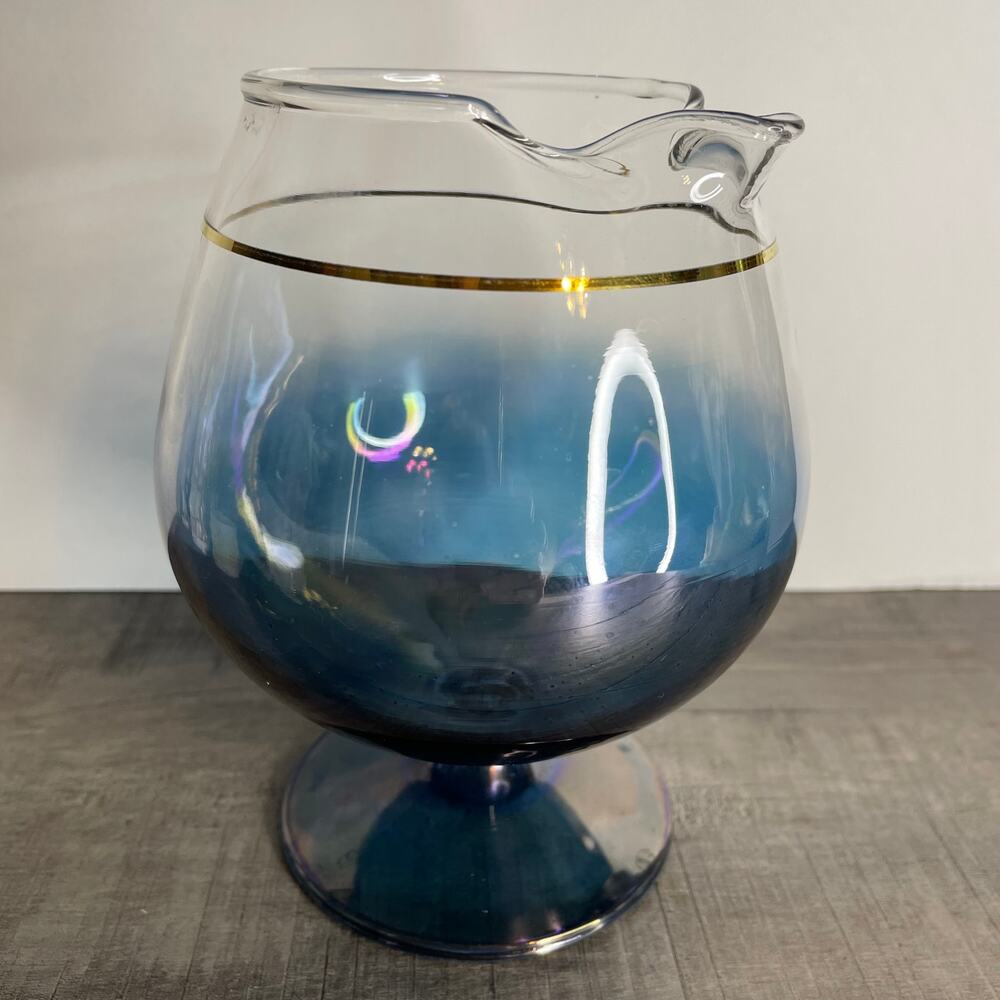 Rare Vintage MCM Blendo Blue Iridescent Brandy Snifter Pitcher With Gold Trim